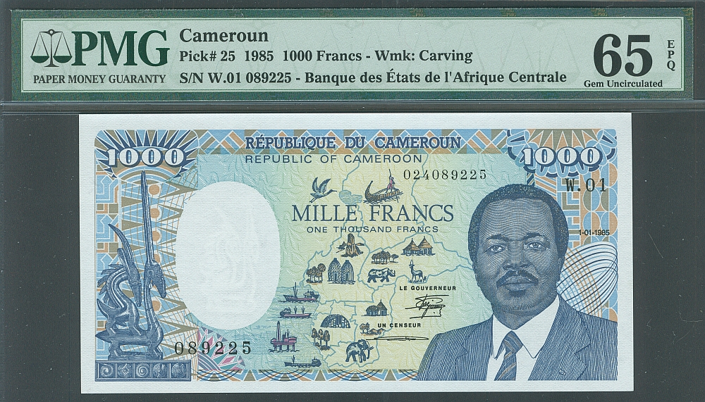 Cameroun, P-25, 1985 1000 Francs, W.01 089225, GemCU, PMG65-EPQ